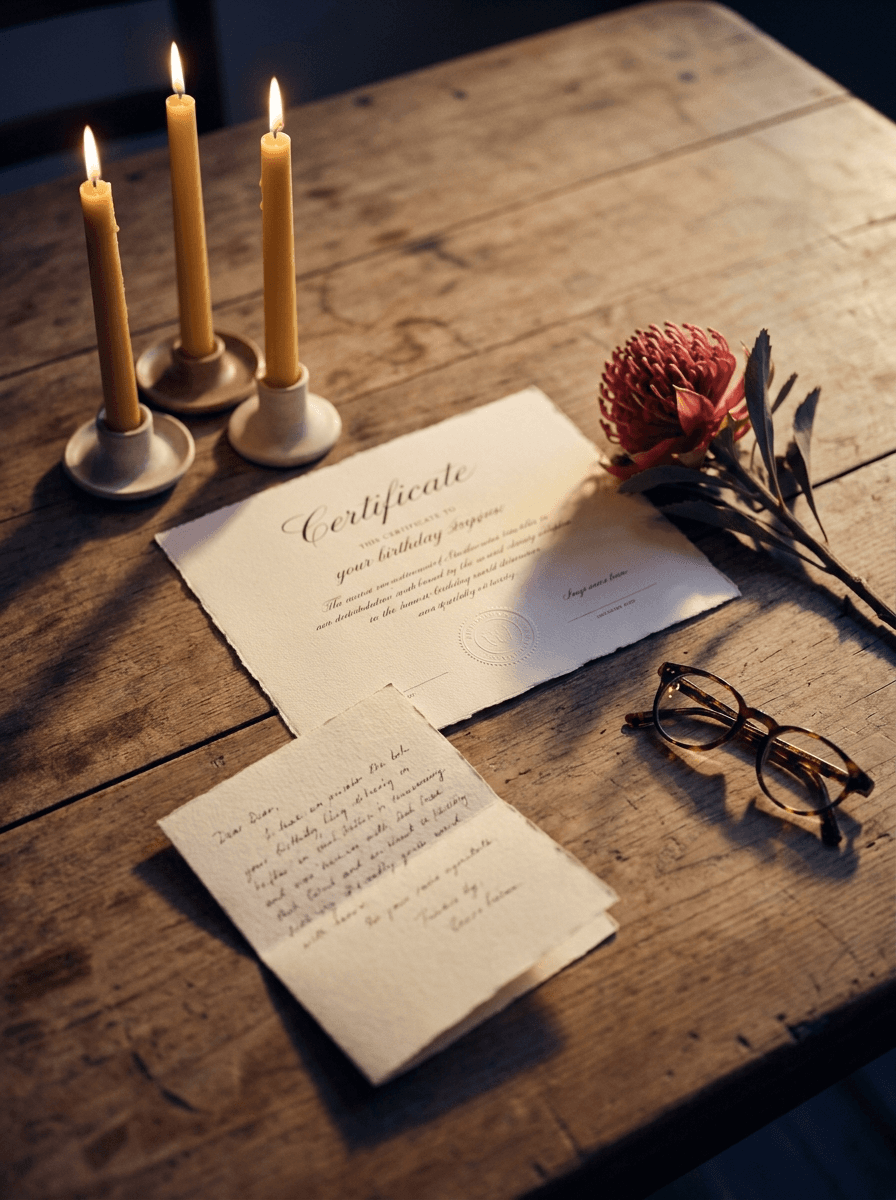 A birthday moment: three lit candles, a handwritten note, a waratah, and a giftyour.name certificate on a wooden table