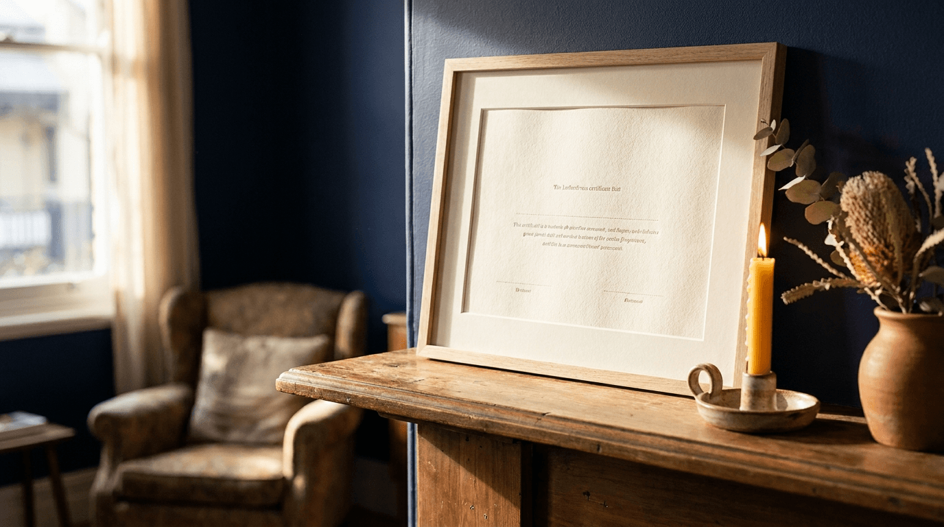 A framed giftyour.name certificate on a warm wooden mantelpiece beside a lit candle and a sprig of native foliage