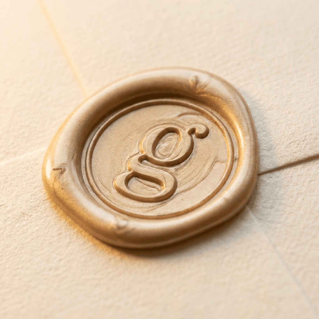 Close-up of a gold wax seal pressed into cream envelope paper, with a lowercase g monogram